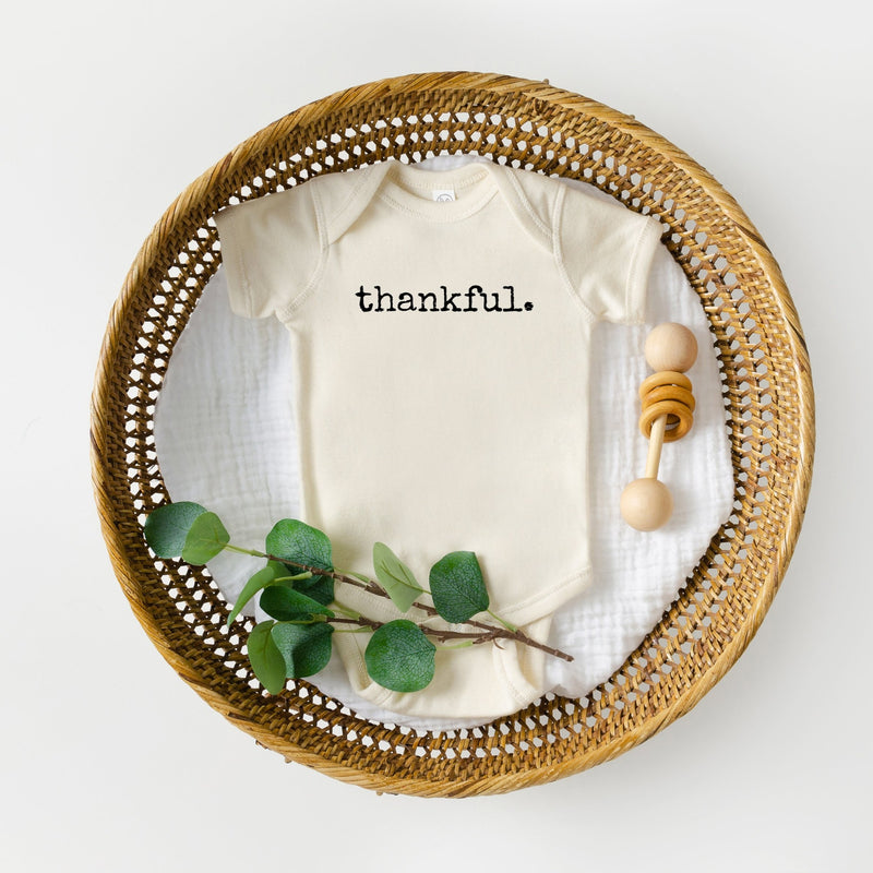 thankful baby onesie in beige color